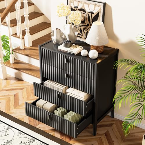 Image of Furniway Black 4 Drawer Dresser, 31.5 inch Wide Modern Chest of Drawers with Fluted Front and Metal Handles, Storage Dresser for Bedroom, Living Room, or Entryway