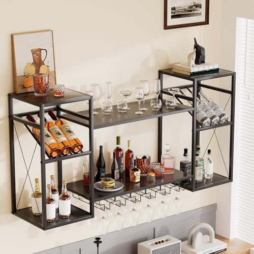 PISTAR 2 Tier Metal Wine Rack Wall Mounted, 48in Wall Wine Rack with 6 Glass Holder Storage, Bar Shelf for Wine Bottles Floating Liquor Wall Shelf for Home Bar Kitchen Dining Room Restaurant, Black by PISTAR - Used condition - CA$118.16