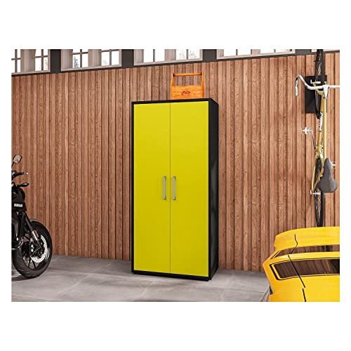 Image of Manhattan Comfort Eiffel 73.43 inch Tall Garage Cabinet with 4 Adjustable Shelves, Soft Close Doors and Stainless Steel Legs, Wooden Storage for Kitchen Pantry, Office, Laundry and Shop, Yellow Gloss
