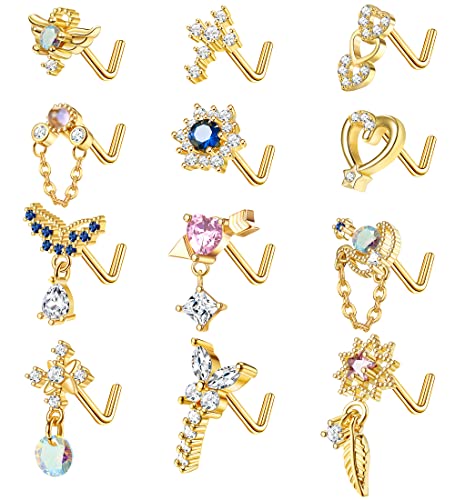 Fibo Steel 12 Pcs 20G Nose Ring Dangle Nose Ring Nose Rings L Shaped Nose Studs For Women Stainless Steel Cz Heart Nose Ring Corkscrew Nose Rings Star Nose Piercing Gold Plated #TOP25