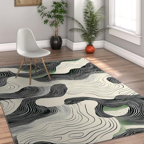 Moquette Waves noire et blanche 150x210 cm avec tapis géométrique vert lavable - 4