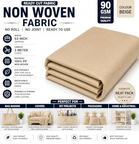 Image of Non-Woven Fabric 90 GSM | 63 Inch (160 cm) Width | 5 Meter Length | Multipurpose Fabric for Bag Making, Lining, Craft & Home Utility | Durable, Easy to Clean & Reusable | Beige