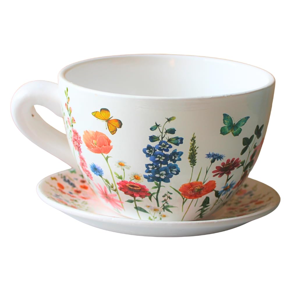 Dekohelden24 Flower Pot, Plant Cup, Planter, Planter, Flower Pot, Planter with Ceramic Handle, Meadow, L x W x H 25 x 23 x 14 cm