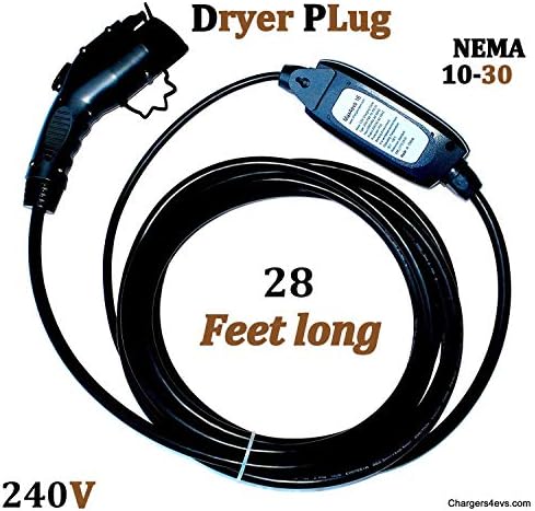 Maxx-16 (Dryer Plug) 28 ft Long Portable Electric Vehicle Charger with nema 10-30 Plug (Includes Wall mounting Clip) - J1772 - EVSE (220V-240V) - Level 2-16 amp Electric Car Charger - Dark Gray