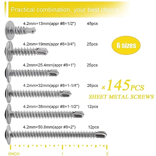 Image of JEGONFRI #8 Self Tapping Screws Kit, 145PCS 410 Stainless Steel, 1 /2 inch-2 inch | Truss Head & Phillips Drive With Deep Cross Slot Prevent Cam-Out, Labeled Case Sorts 6 Sizes, Works On Metal, Wood, Plastic