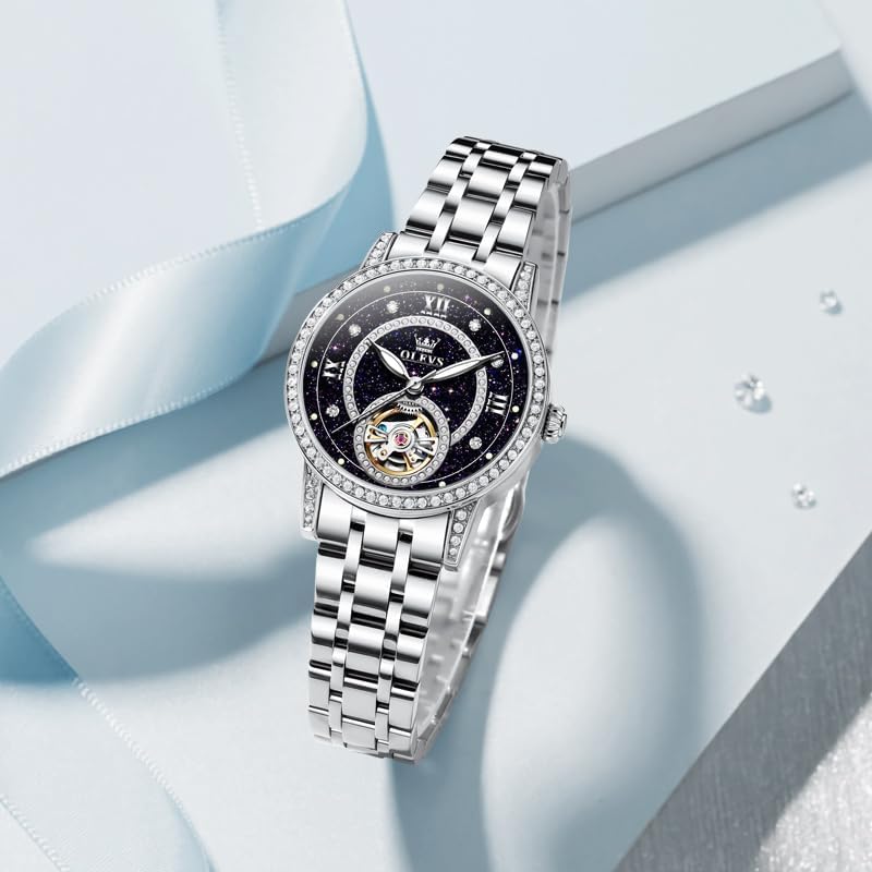 OLEVS Women’s Watch Automatic Diamond Tourbillon Luxury Fashion Stainless Steel Waterproof Luminous Wrist Watches for Ladies Gift Rose Gold/Starry Sky Blue/Silver - Image 2