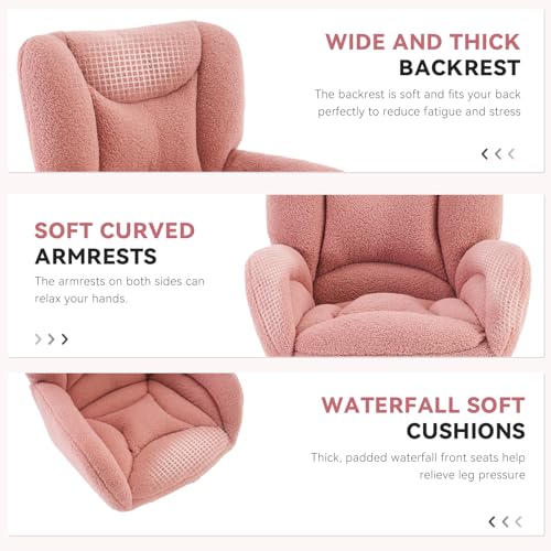 Image of FOXHUNTER Vanity Chair with Ergonomic Back & Wheels, 360 Swivel Accent Chair, Adjustable Height Home Office Chair for Living Room, Bedroom (Teddy, Pink)