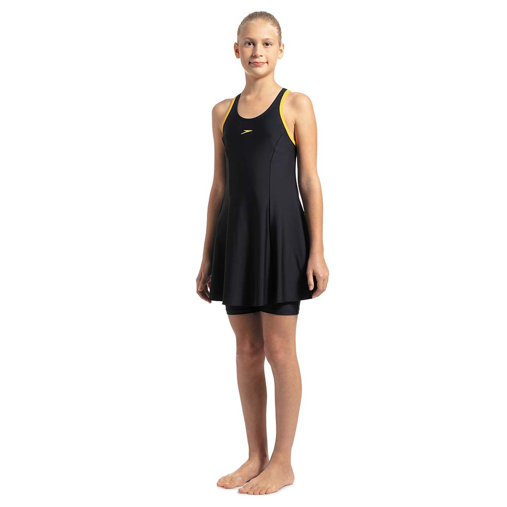 Speedo Girl's Endurance 10 High Chlorine Resistant UPF 40+ Sun Protection Racerback Swimdress with Boyleg - True Navy & Mango 3