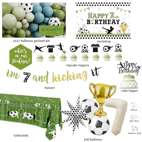 Soccer 7th Birthday Party Decorations Kit for Boys – Soccer Birthday Party Supplies Set, Soccer Football Party Decor with Backdrop, Tablecloth, Cake Topper, and Cupcake Toppers for 7-Year-Old Boys