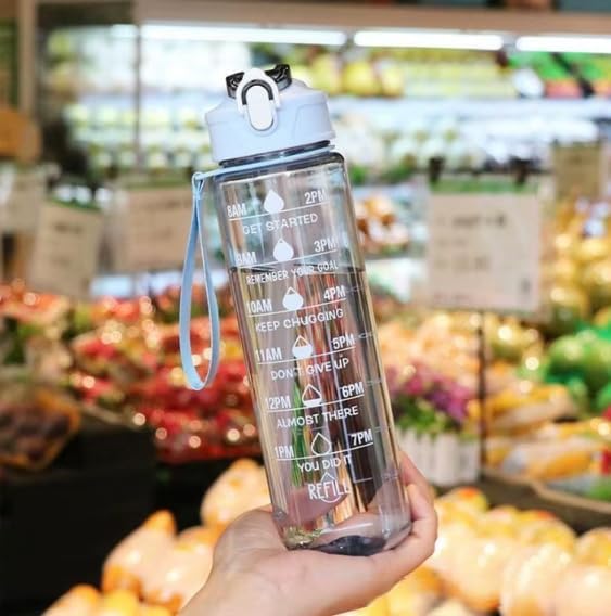 Image of inulec 3-in-1 Transparent Water Bottle Set (2000ML, 900ML, 300ML) with Motivational Time Markers, Leakproof & Gym Bottles, Fitness, Travel (3 Pics Transparent Water Bottle) (BLUE)