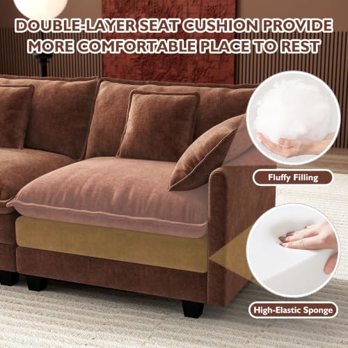 Image of Ihanherry 114 inch V-Shaped Modern Sofa Modular Sectional Luxurious and Comfortable with Corner Section, 5-Seat Chenille Deep Seat Sofa with 5 Pillows for Living Room, Bedroom and Apartment, Brick Red