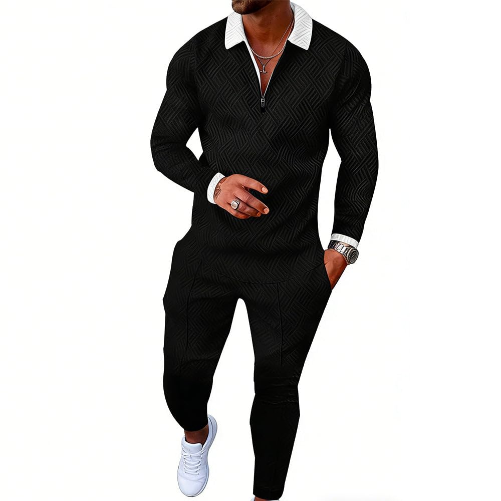 Kubsid Men's Polo Sweatsuit Sets Long Sleeve 2 Piece Outfit Fashion Jogging TrackSuit Comfy Casual Set for Men