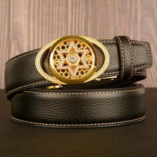 Stitched Leather Ratchet Belt With Rhinestones - Hollow Hexagram Flower Oval Buckle, Unisex Design3
