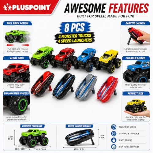 Image of PLUSPOINT Monster Truck Toys for Kids - 8 Pack Big Wheel Off-Road Die-Cast Metal Trucks with 4 Launchers, Free Wheel Cars for Boys Girls Ages 3-7, Birthday Gift Set