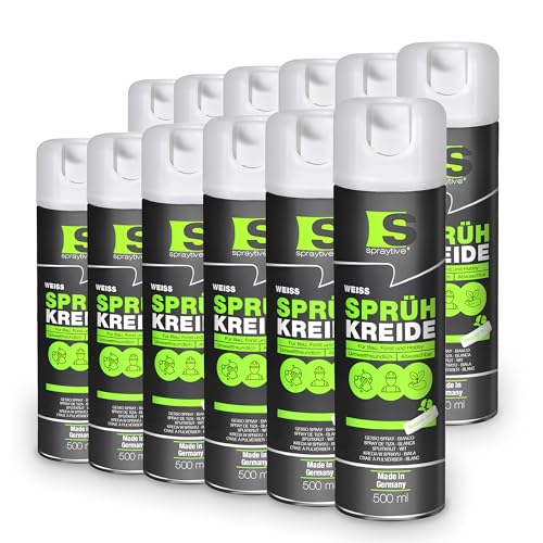 Spraytive Lot de 12 sprays de craie blanche en spray de 500 ml – Peinture à la craie lumineuse lavable pour extérieur, marquage de sol, spray de marquage temporaire...