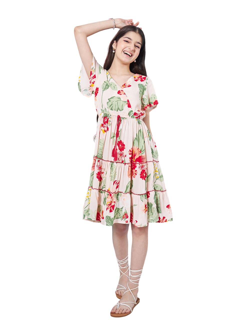 Pspeaches Vestido de manga acampanada con estampado floral para niña, ajuste escalonado y acampanado, ropa casual, elegante y a la moda