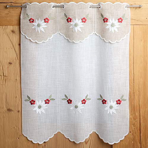 Gaidra Tendina A Vetro in Stile Tirolese su Misura, Cuore Ricamo Stelle Alpine – 5505, Colore Rosso, 48 larg. x 60 Alt. cm