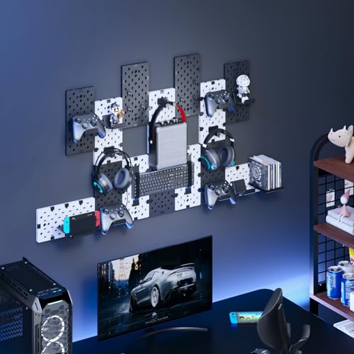 Image of PEGZONE Controller and Headphone Holder Wall Mount, Modular Gaming Pegboard with Accessories, Controller Stand for Xbox PS5 PS4 Switch, Video Game Storage, Disc Shelf, 14pcs Pegboard, Black & White