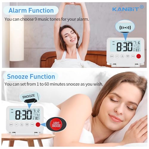 Image of KANBIT Small Digital Travel Alarm Clock, Large LCD Display Front Button with Date & Temperature, Snooze and 8 Seconds Backlight AAA Battery Operated Desk Clock for Home & Office, White