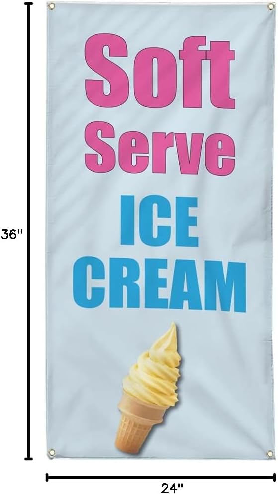 Vertical Vinyl Banner Multiple Sizes Soft Serve Ice Cream Food Fair Promotion Retail Outdoor Weatherproof Industrial Yard Signs 4 Grommets 36x24Inches