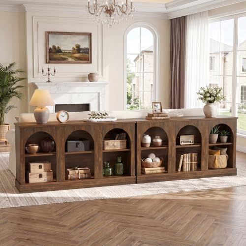 Image of Tribesigns Farmhouse Console Table Set of 2, Extra Long Entryway Table with 3 Tier Storage, Wooden Rectangular Sofa Table Behind The Couch for Entrance, Hallway, Living Room, Dark Brown