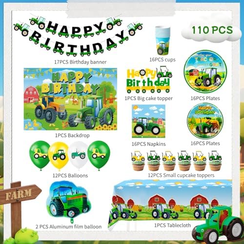 Tractor Birthday Party Decorations Supplies, 16 Guests Tractor Party Tableware Set Includes Tractor Plates Tablecloth Backdrop Balloons Cake Toppers etc Tractor Birthday Party Supplies - 1