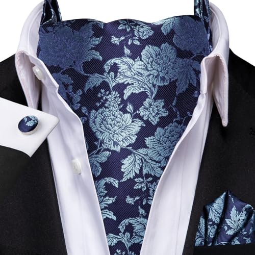 Image of Hi-Tie Silk Ascot for Men Self Tie Men's Cravat and Flower Lapel Pin Handkerchief Cufflinks Set for Wedding Party