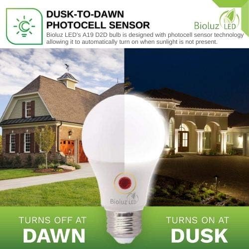 Bioluz LED 3 Pack Dusk to Dawn A19 Bulb Auto On/Off 60W Replacement 9W Photocell Photosensor Instant ON and 3 Min Delay Off 3000K Soft White Indoor/Outdoor Lighting Lamp Garage Hallway Yard Porch UL