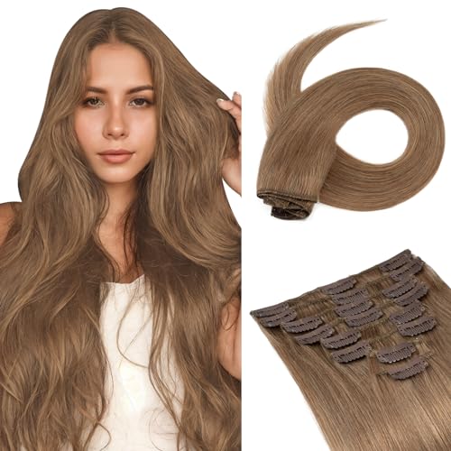 Image of Benehair Real Hair Extensions Clip in Human Hair 20inch Long Straight Remy Natural Full Head 8pcs 18 Clips Human Hair Clip in Extensions for Women No Tape No Glue Clip ins #12 Golden Brown