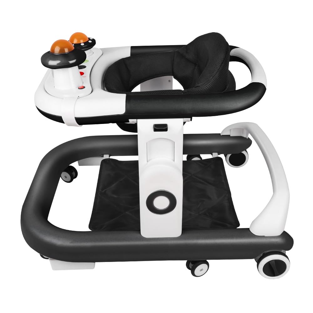 Trotteur Bébé Pliable, 3 Niveaux de Réglage en Hauteur, Boîte Musicale Démontable Transformable en Plateau Repas, 6 Roues Anti-Bascule, Tapis de Pied, Dim 67 * 57 * 46cm (Noir)