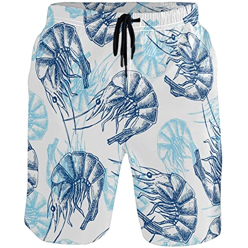 visesunny Shrimp Blue Pattern Men's Swim Trunks Quick Dry Bathing Suits Beach Swim Shorts
