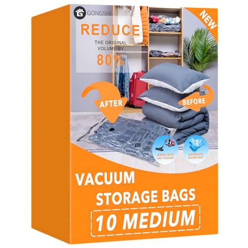 10 Medium Vacuum Storage Bags, Space Saver Sealer Compression Bags for Blankets, Comforters, Pillows, Clothes Storage