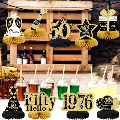 Image of 9 Pcs 50th Birthday Decorations Honeycomb Centerpieces for Women Men, Black Gold 1976 Aged to Perfection Vintage Centerpieces for Tables Toppers,Fifty Years Party Decorations Supplies