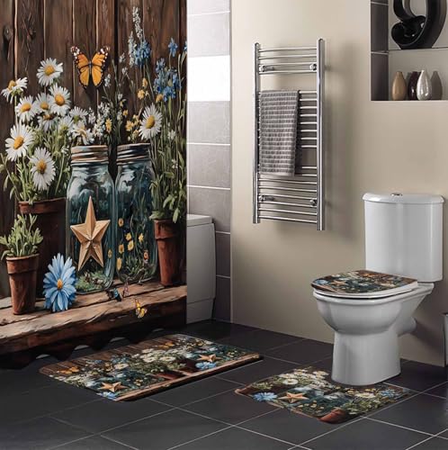 Flowers Floral Bathroom Set with Shower Curtain and Rug Accessories - 36x72 Inches Long Western Texas Star Farmhouse Brown Lodge Stall Curtain Waterproof with Large Bath Mat,Washable Runner Rug Set