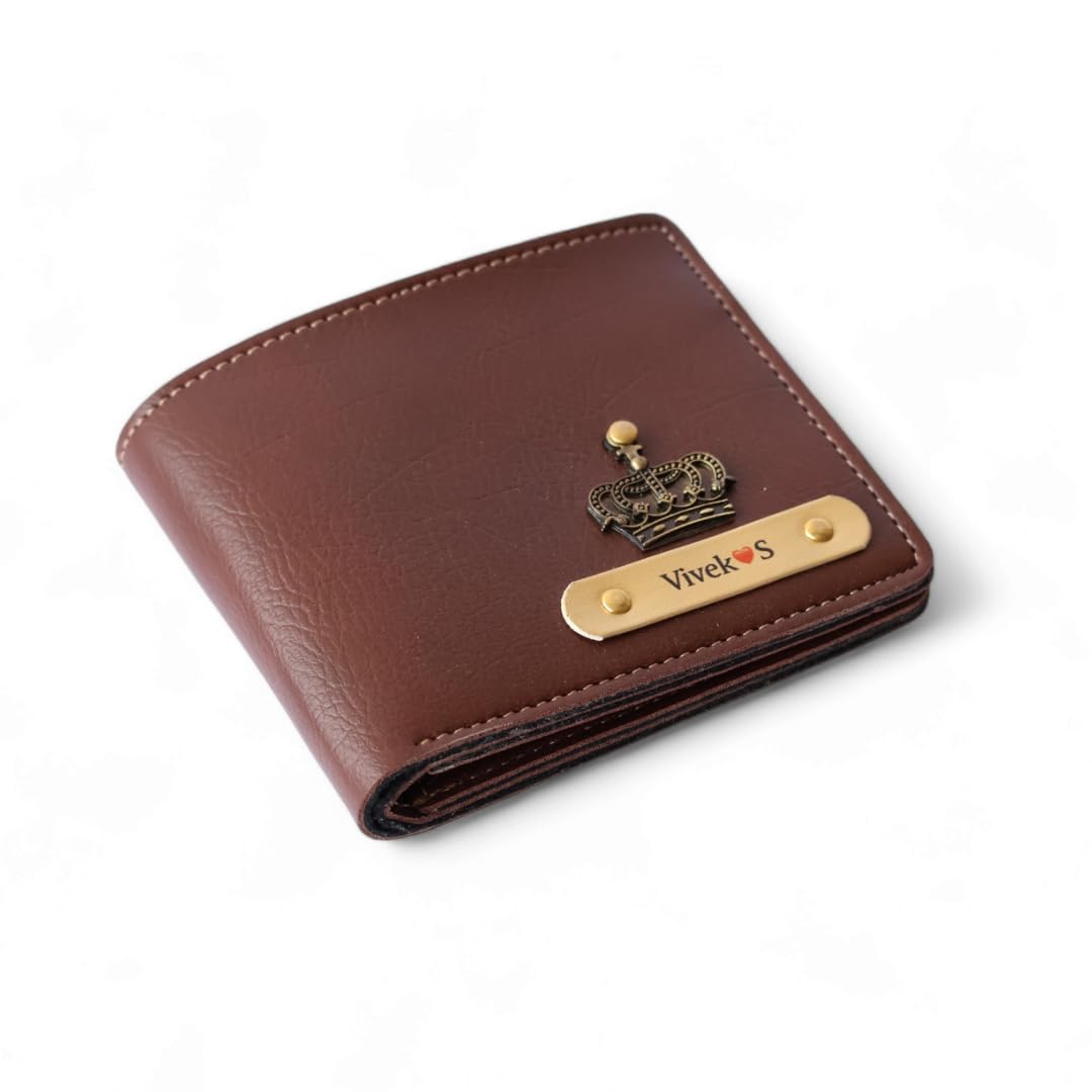 Men's Personalized Wallet I Customized Slim Stylish Leather Purse with Name & Charm I Unique Birthday Anniversary Gift for Men Boy Love Husband Employees Clients - (Brown)
