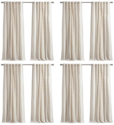 Image of INK+IVY Boho Curtains for Bedroom & Living Room, 100% Cotton Tufted Chenille Stripe Modern Farmhouse Curtains, Light Filtering Drapes, 50 inch x 95 inch, Ivory (Pack of 4)