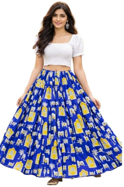 himcare Women’s Ethnic Printed Cotton Long Skirt | Blue & Yellow Elephant Motif Flared Skirt-picture-46