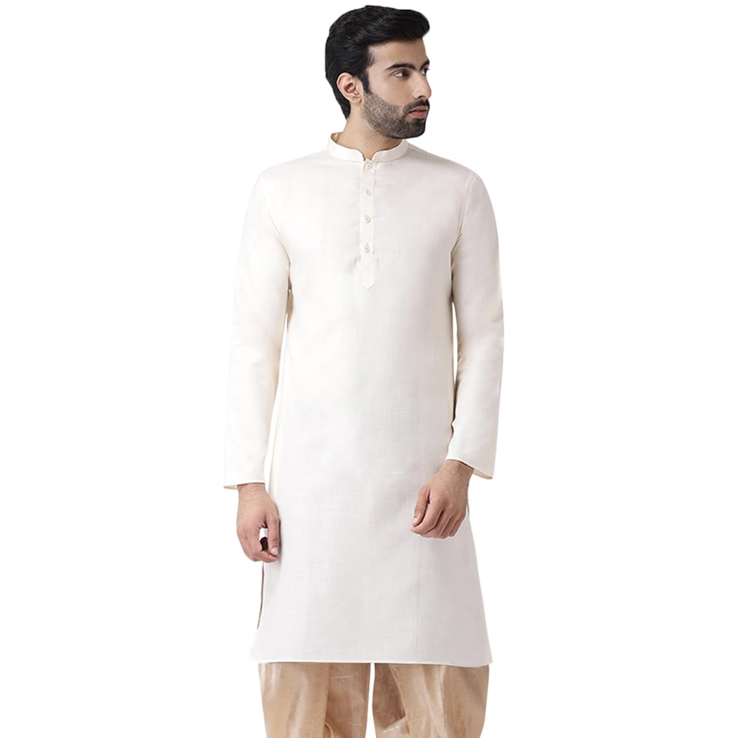 Kisah Men Cream-Coloured Kurta Full Sleaves, Knee Length, Straight, Regular Fit, Mandarin Collar Ethnic Wear