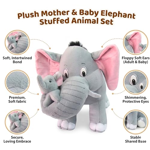 Image of Tickles Mother Elephant with Single Baby Stuffed Soft Plush Animal Toy for Kids Birthday Gifts (Size: 32 cm Color: Grey)