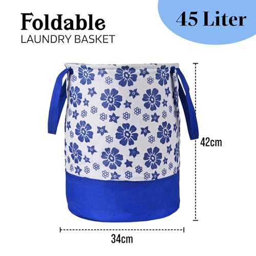 Image of Urbane Home Pack of 3 Foldable Dirty Clothes 45L Laundry Basket With Handles | Baby Unwashed Dress Bin /Storage Box | Flower Print -Blue & White