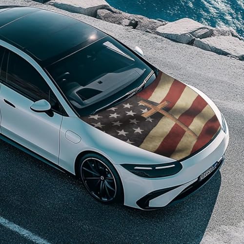 Image of Cross American Flag Pattern Car Hood Cover Weather-Resistant Automotive Hood Covers Washed Auto Hood Flag Universal Fit for SUV Pickup Trucks