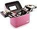 Sooyee Makeup Bag Cosmetic Bags with Mirror, Makeup Organizer 4 Layer Foldable Tray Open to The Sides,Makeup Travel Bag for Women,Makeup Box Train Case,Pink