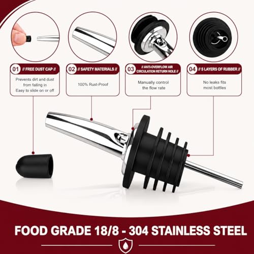 60 Pack Stainless Steel Liquor Pour Spouts with Dust Caps, Bottle Pourers for Alcohol Olive Oil Wine, Speed Pourers Bar Bartender Accessories — view 5