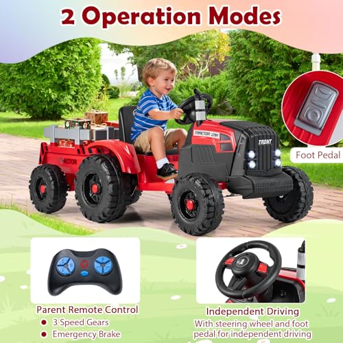Image of Costzon 24V Ride on Tractor with Detachable Trailer, Kids' Electric Vehicles with 3 Speeds, 15 Climbing, Wireless Design, Horn & Music, Remote Control Tractor Toy for Kids 3+,Gift (24V, Red)