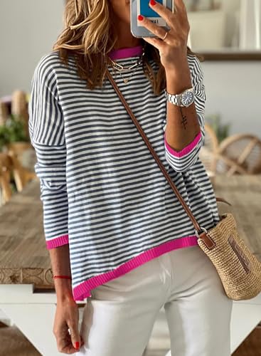 Image of Womens Striped Lightweight Cotton Sweaters Long Sleeve Crew Neck Color Block Casual Knitted Pullover Tops