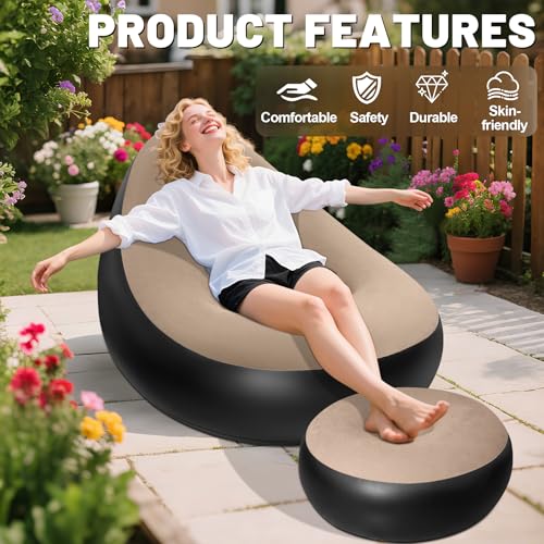 AearKing Aufblasbares Sofa mit Fußhocker, Aufblasbarer Sessel, Wasserdichtes Luftsofa Aufblasbares, Sessel, Sofa und Couch mit Beflockter Oberfläche für Wohnzimmer, Couch Aufblasbar Outdoor Camping