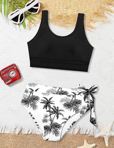 Image of Girls Tankini Swimsuits Tropical Print Bathing Suit Two Piece Girls' Swimwear with Tie Side Knot 9-16T