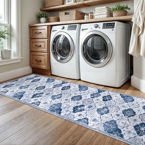 KILOCOCO 2x8 Runner Rug, Moroccan Super Soft Washable Hallway Entryway Runner Rug, Accent Print Faux Wool Kitchen Runner Rug 8 Feet Non-Slip Boho Rug Runner for Laundry Room Bedroom, Blue/Grey/Multi