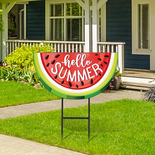 JarThenaAMCS Hello Summer Metal Garden Stakes Watermelon Decorative Lawn Sign Summer Fruits Theme Welcome Yard Sign for Home Outside Lawn Porch Decor