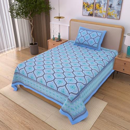 Image of 100% Cotton Single Bedsheet with 1 Pillow Cover | 240 TC Pure Cotton Flat Bed Sheet | Traditional Jaipuri Printed Bedding Set | Soft & Breathable | 60 x 90 Inch (Rangmahal Single 14)